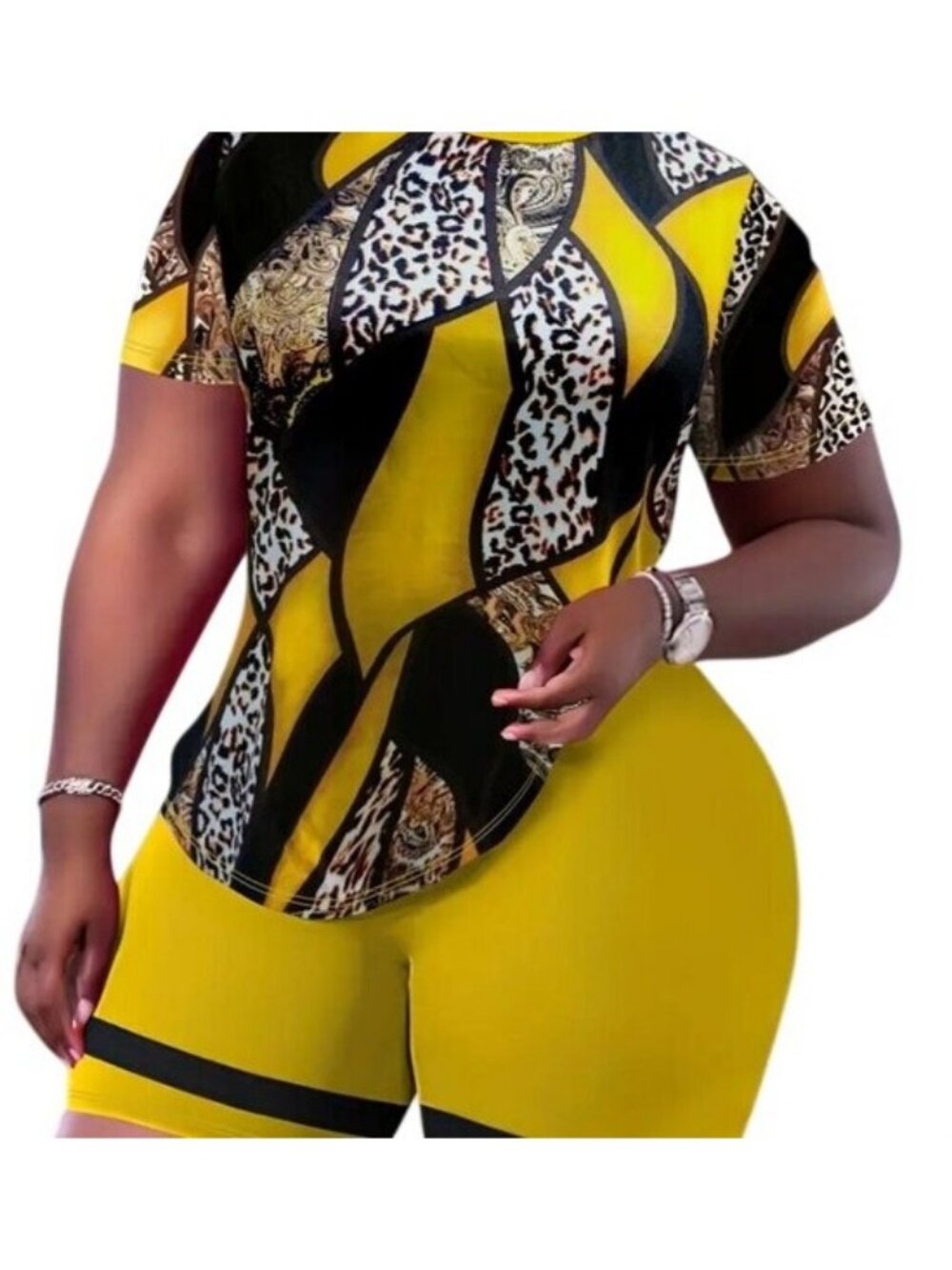 Leopard Print 2 Piece Set Crew Neck Top Biker Shorts Outfits Plus size 3X 4X